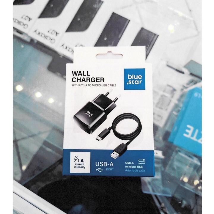 Chargeur Blue Star USB-A 1A avec câble Micro-USB — photo fournisseur groupée